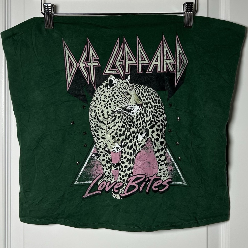 Def Leppard Love Bites Forest Green Star Studded Graphic Crop Bandeau Tube Top